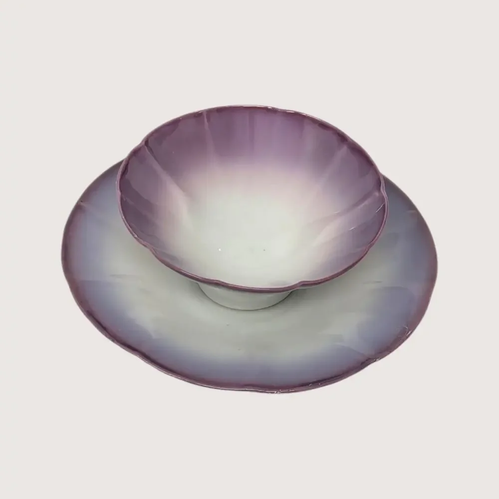 1920s Asian Porcelain Purple Ombre Fluted Condiment Dish Saucer Set